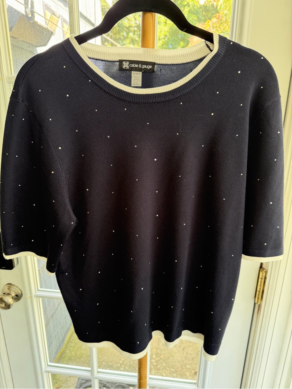Cable & Gauge Navy Short-Sleeve Knit with White Trim and Dot Accents